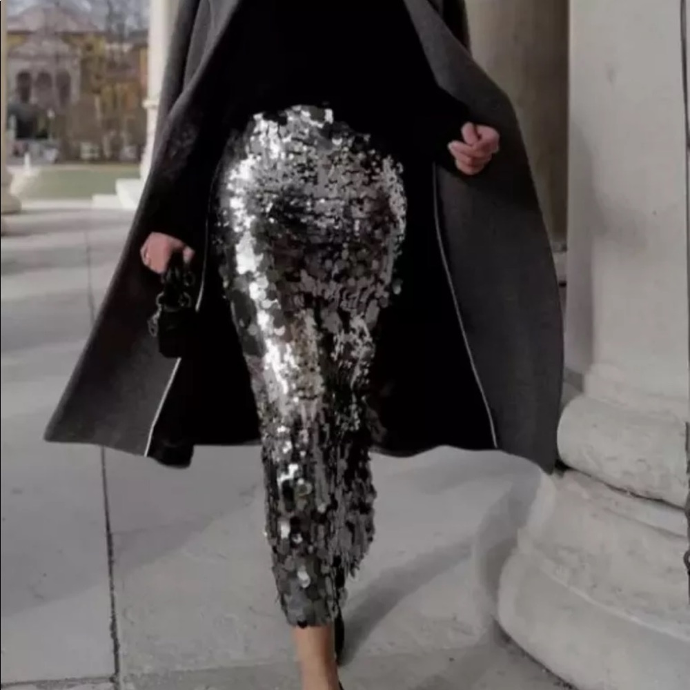 Zara SEQUIN High-waisted Midi Pencil Skirt Silver New